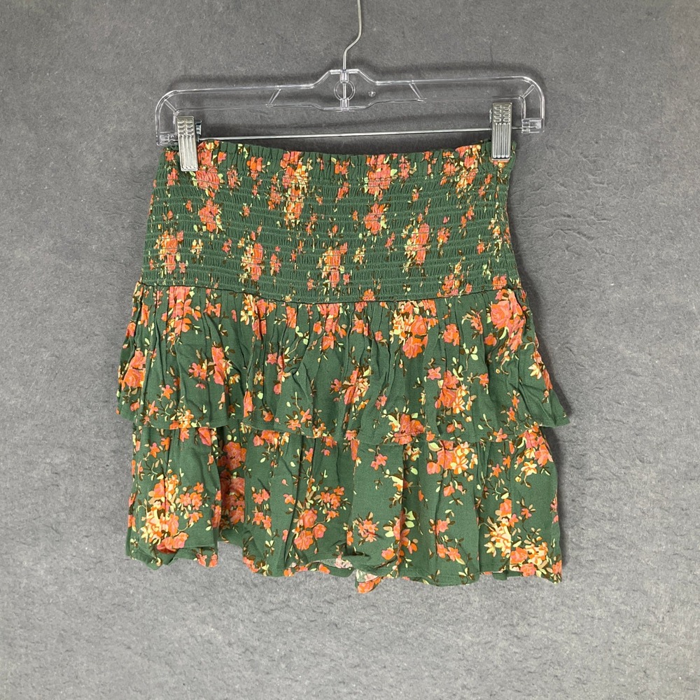 Aerie Mini Skirt Sz XS Smocked Waist Green Orange Floral Tiered Ruffle Flowy